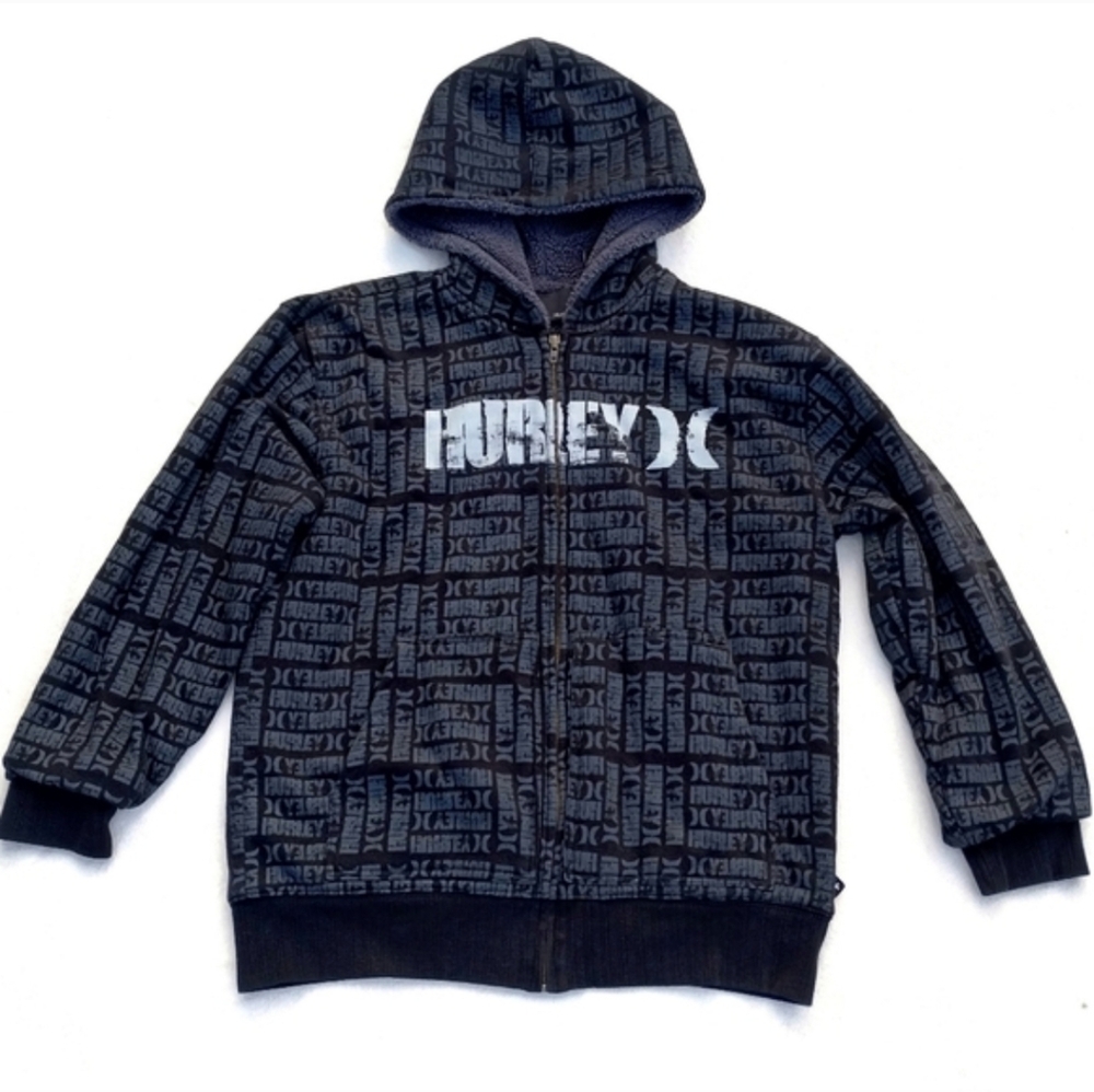 Y2K Hurley Boys Sherpa Lined Black Logo Zip Hoodie Jacket Size XL 18-20 Skater